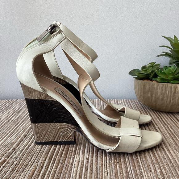 Jimmy Choo Silver/Black Stripe Wedge T Strap Heel Shoes Size 37.5 | USED - Picture 1 of 8